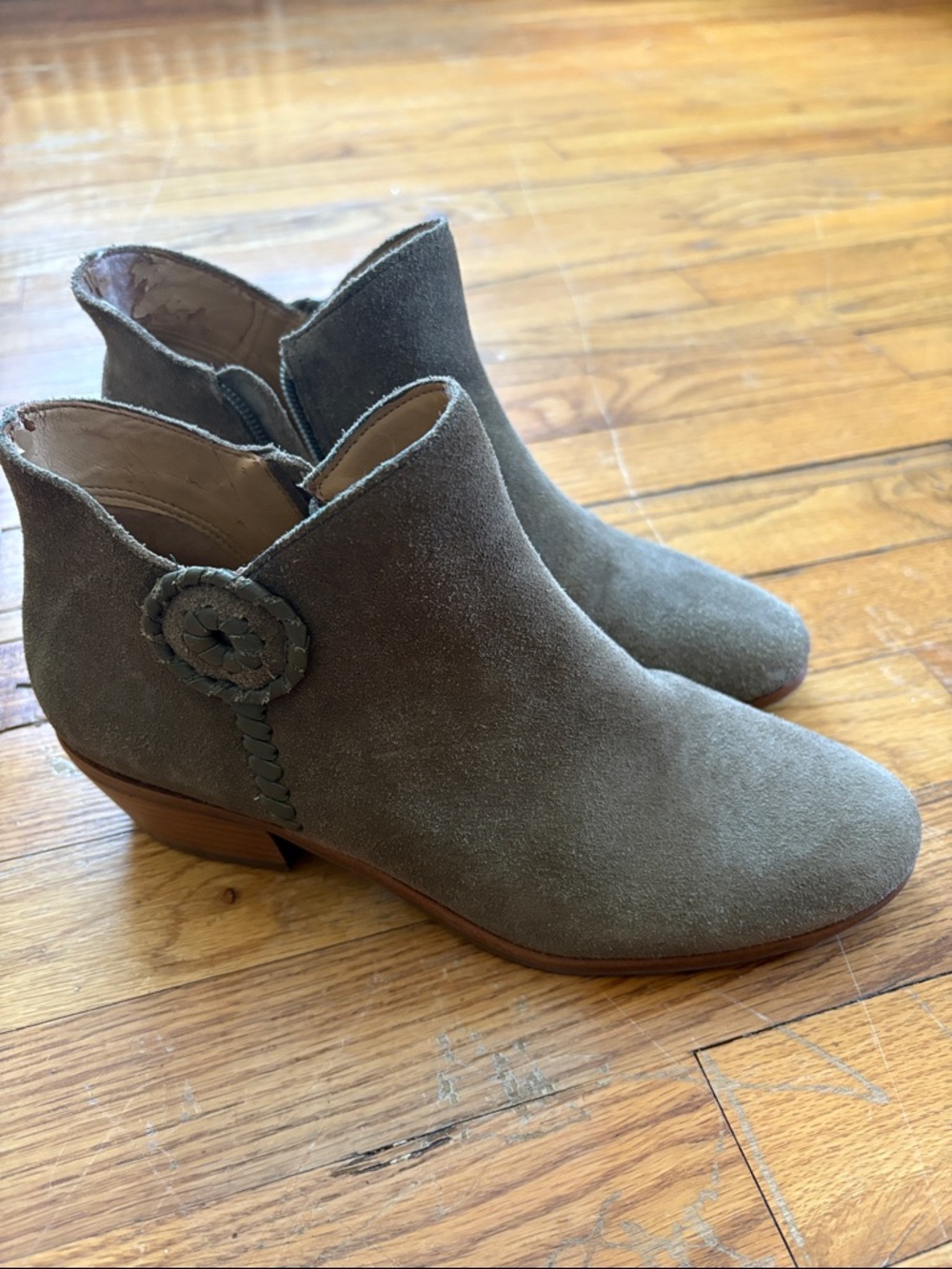 Jack Rogers Peyton Olive Suede Ankle Booties with Braided Button 7.5